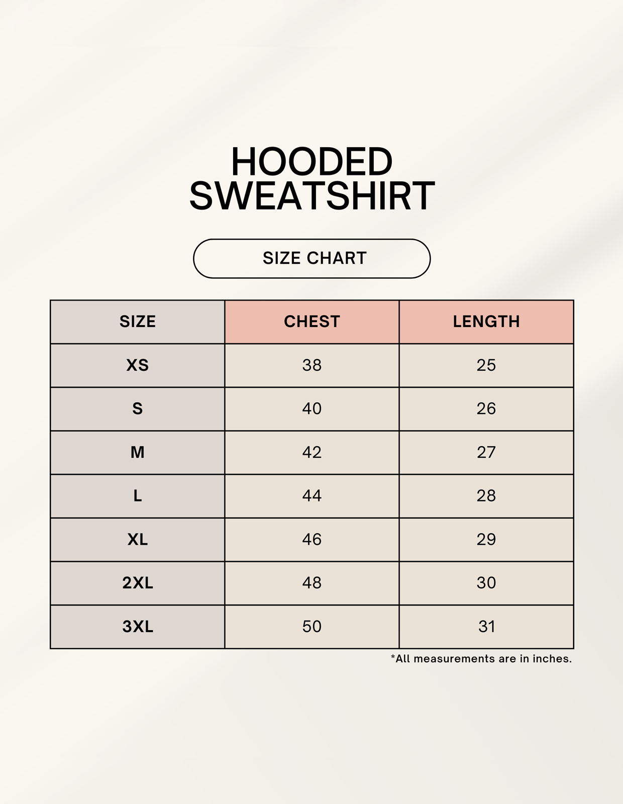 Hooded sweatshirt size chart showing chest and length measurements from XS to 3XL, helpful for selecting the perfect hoodie fit.
