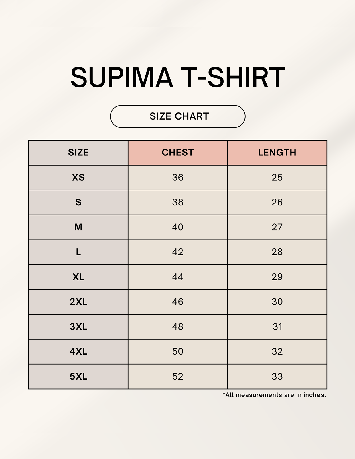 Supima T-Shirt size chart showing chest and length measurements from XS to 5XL, helping travelers choose the perfect fit.