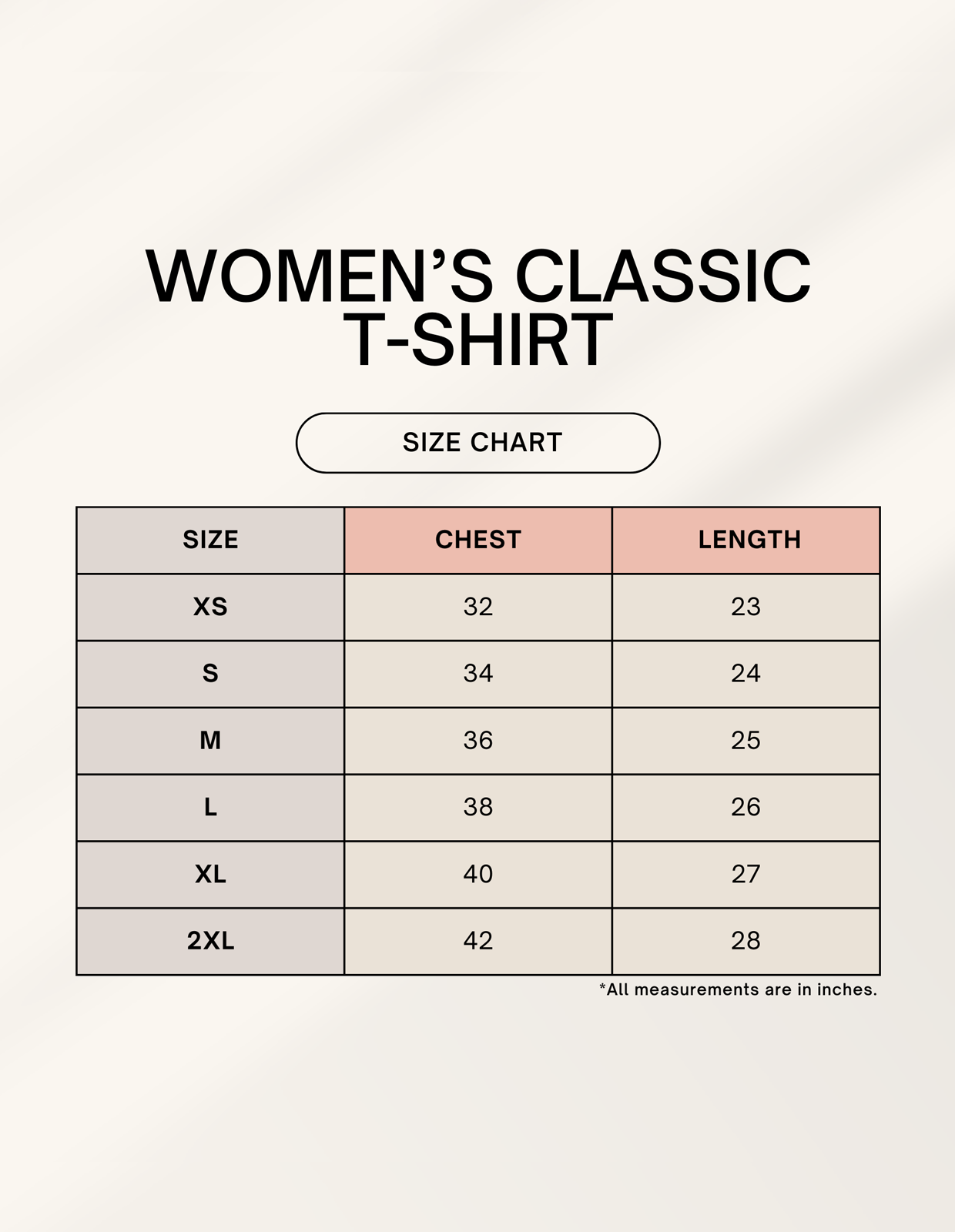 Women's Cotton T-Shirt size chart showing chest and length measurements from XS to 2XL. Essential for choosing the right fit in everyday wear.