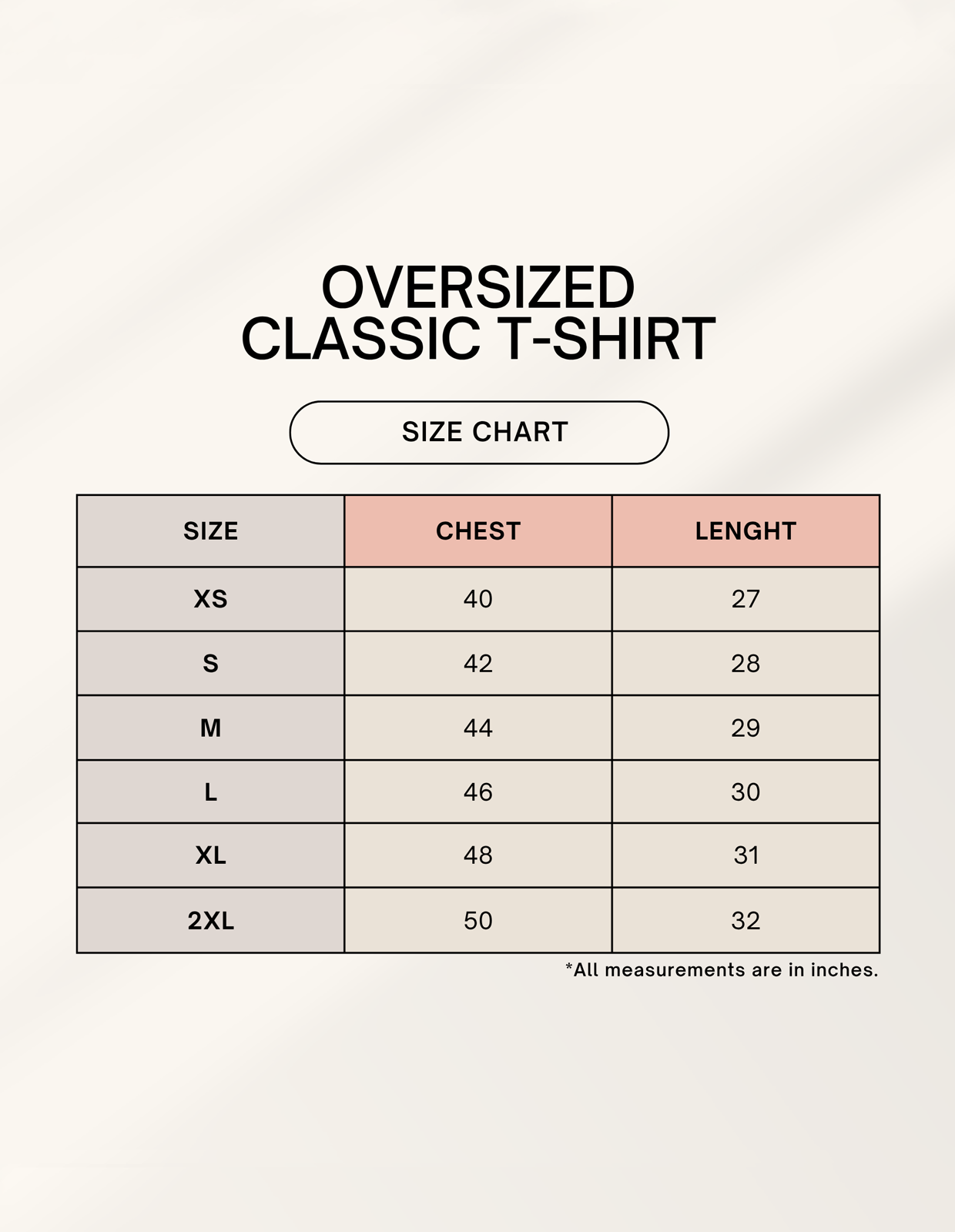 Size chart for Classic Unisex T-Shirt - Oversized Cotton showing chest and length measurements from XS to 2XL in inches.