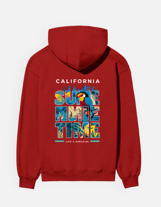 Red hoodie with tropical toucan and 'Summertime' back print, combining bold color and beachwear style for summer fashion lovers.