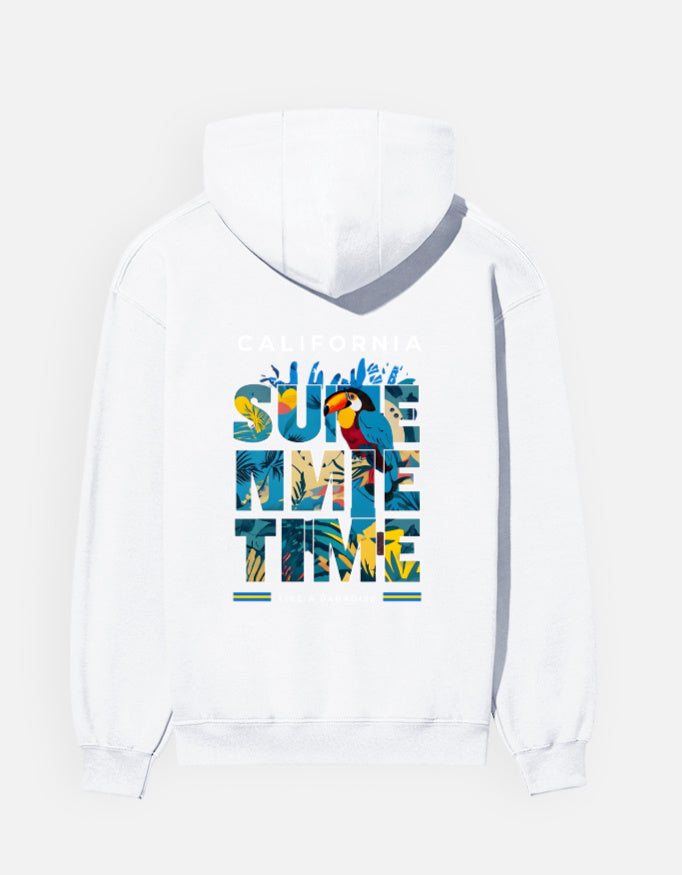 White cotton hoodie with colorful toucan and tropical leaf design spelling 'Summertime,' great for summer vibes and outdoor adventures.