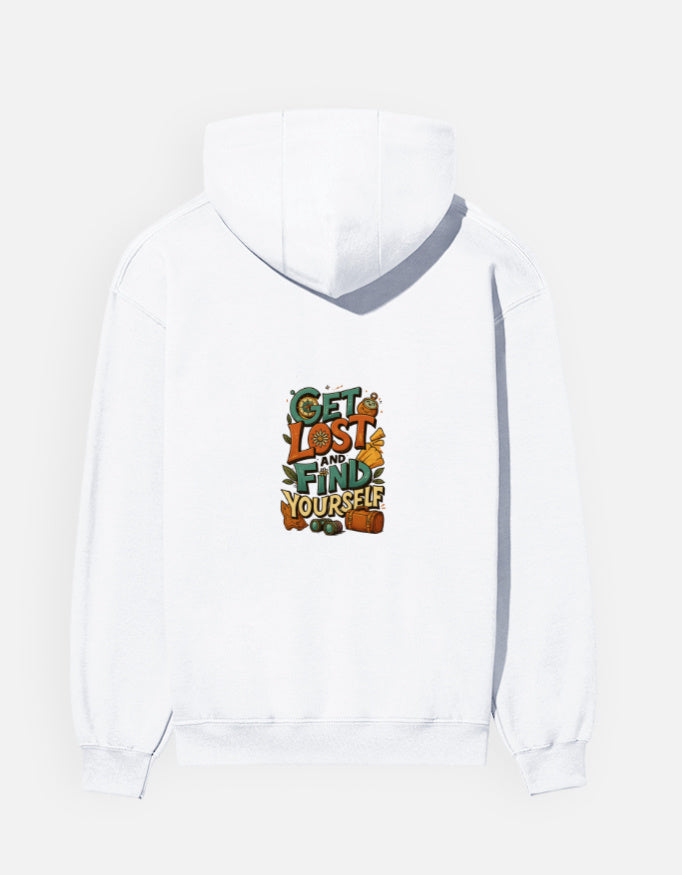 Back view of white unisex hoodie with vibrant 'Get Lost and Find Yourself' print, crafted from soft 100% cotton fleece.