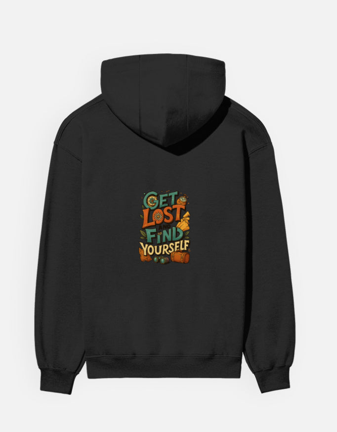 Black unisex hoodie with centered 'Get Lost and Find Yourself' artwork, made from warm cotton fleece for everyday comfort.