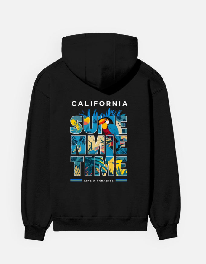 Black unisex hoodie with vibrant toucan and tropical-themed 'Summertime' print, stylish nature-inspired streetwear for summer.