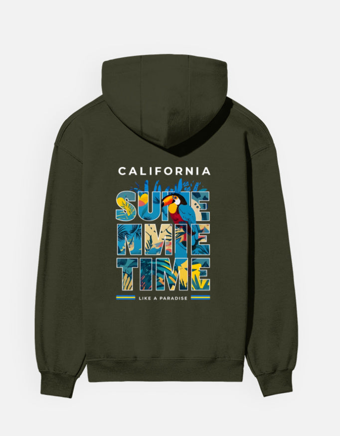 Olive green hoodie with colorful toucan and tropical 'Summertime' design, stylish unisex cotton hoodie for summer streetwear.