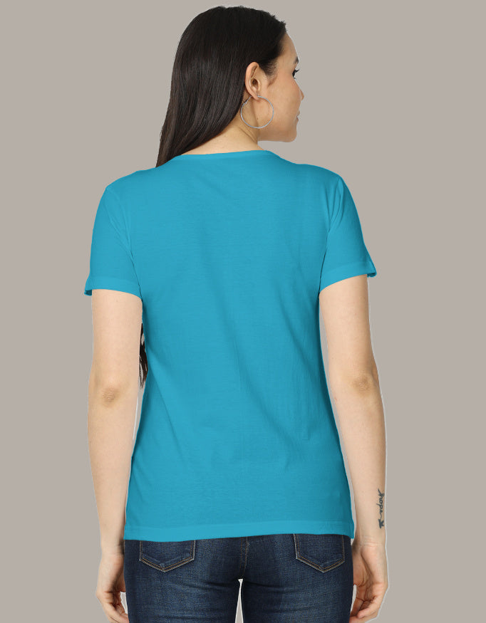 Back view of Women's Classic T-Shirt in vibrant turquoise, featuring short sleeves and a relaxed fit, ideal for travel and everyday wear.