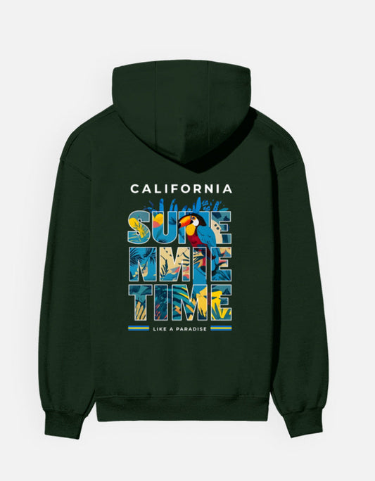 Dark green unisex hoodie featuring a bold tropical toucan graphic and 'Summertime' typography, perfect for casual summer streetwear.