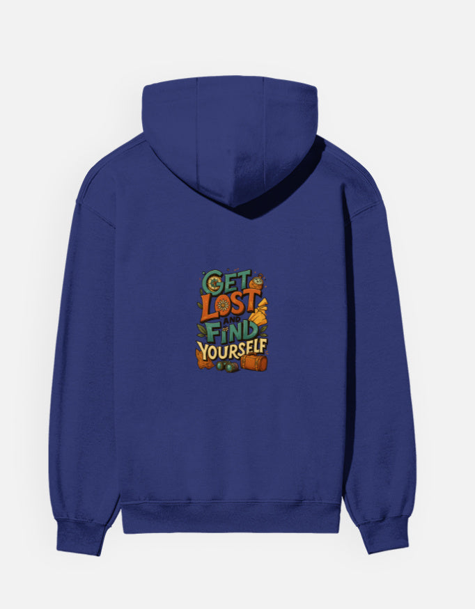 Royal blue unisex cotton hoodie featuring 'Get Lost and Find Yourself' design, ideal for casual wear in cooler weather.
