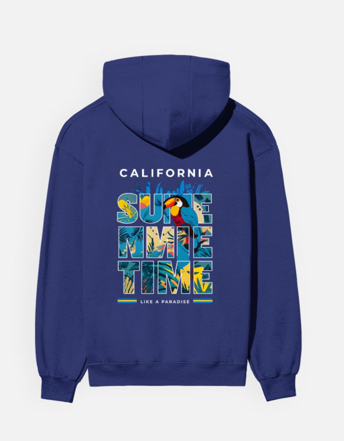 Royal blue hoodie with tropical toucan graphic and 'Summertime' lettering, perfect for casual summer wear and outdoor comfort.