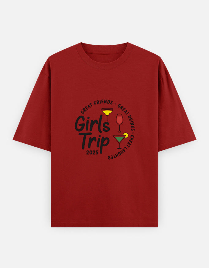 Classic Unisex T-Shirt - Oversized Cotton in red with 'Girls Trip 2025' graphic. Features cocktail icons and fun text, perfect for travel or group trips.