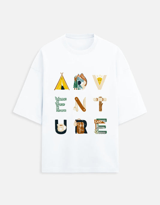 Unisex Terry Oversized Tee - Premium Fit | Cotton Polyester Tee in white featuring bold 'ADVENTURE' graphic with camping-themed illustrations.