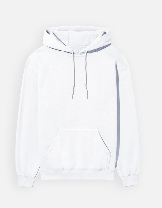 Plain white unisex hoodie with front pocket and drawstring hood, ideal blank canvas for custom summer streetwear designs.