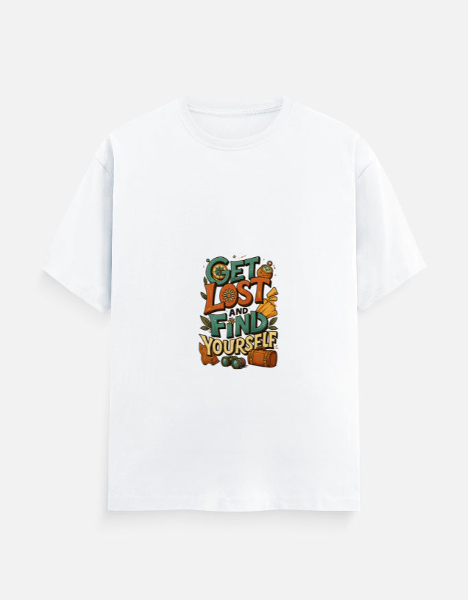 White Unisex Classic Crew T-Shirt with small central 'Get Lost and Find Yourself' print, crafted from lightweight 180 GSM cotton for everyday comfort.