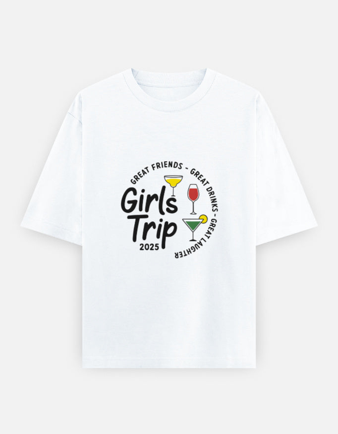 Classic Unisex T-Shirt - Oversized Cotton with 'Girls Trip 2025' graphic and colorful cocktail icons. Perfect for fun road trips or cruise adventures.