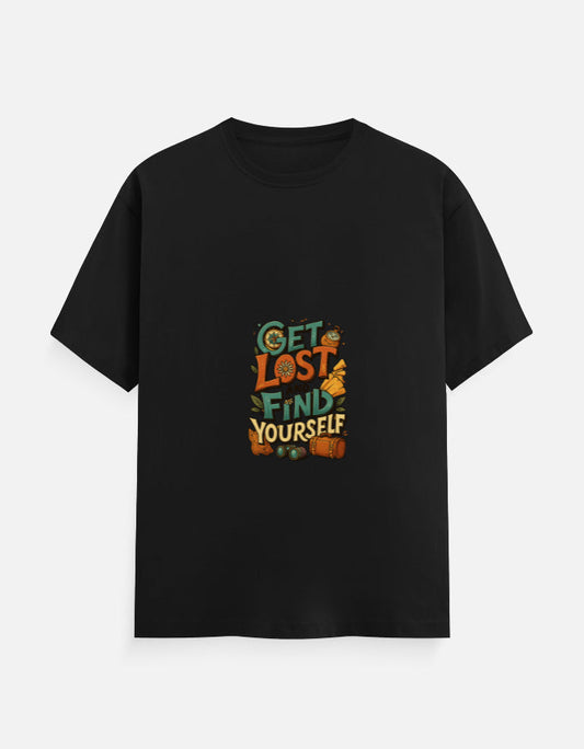 Black Unisex Classic Crew T-Shirt featuring centered 'Get Lost and Find Yourself' design, ideal for casual wear with regular fit and soft cotton fabric.