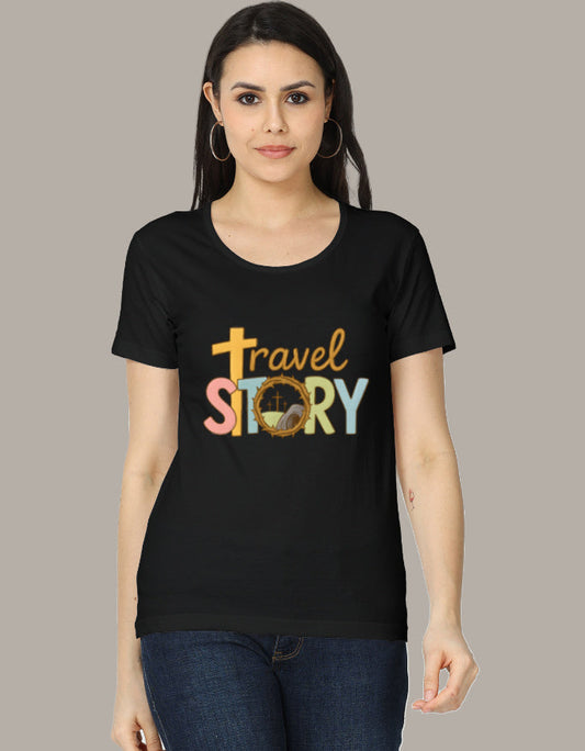 Women's Classic T-Shirt in black featuring colorful 'Travel Story' graphic with compass icon, ideal for wanderlust and adventure fashion lovers.