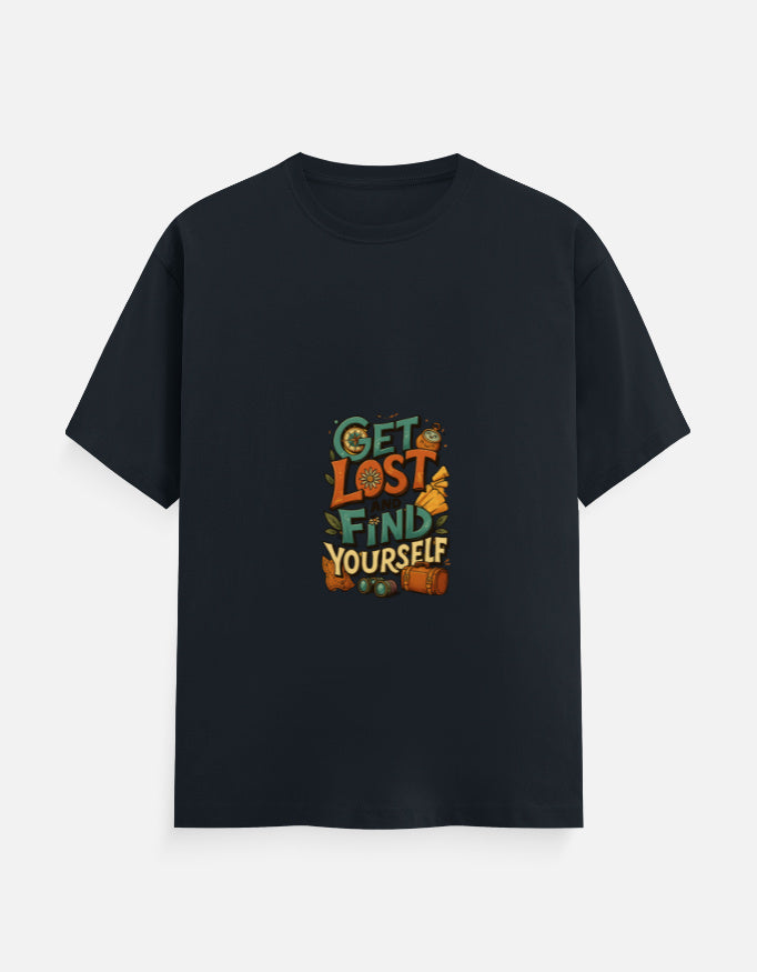 Navy blue Unisex Classic Crew T-Shirt featuring colorful 'Get Lost and Find Yourself' print, ideal for outdoor and travel-inspired outfits.