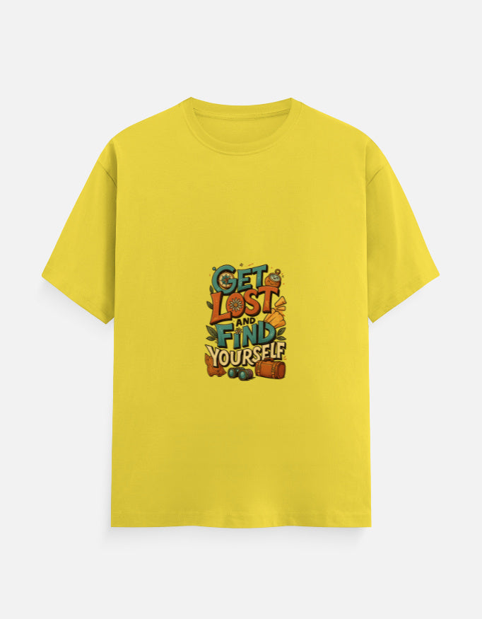Yellow Unisex Classic Crew T-Shirt with 'Get Lost and Find Yourself' graphic, perfect for vibrant casual looks with breathable cotton material.
