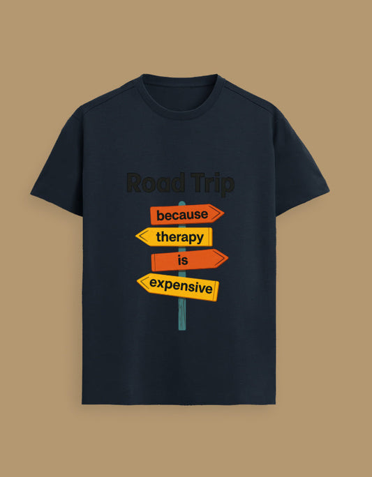 Black Unisex Supima T-Shirt featuring colorful road sign graphic with travel quote, perfect for road trip lovers and wanderlust enthusiasts.