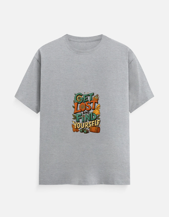 Heather grey Unisex Classic Crew T-Shirt with central 'Get Lost and Find Yourself' design, made from soft cotton for all-day comfort.