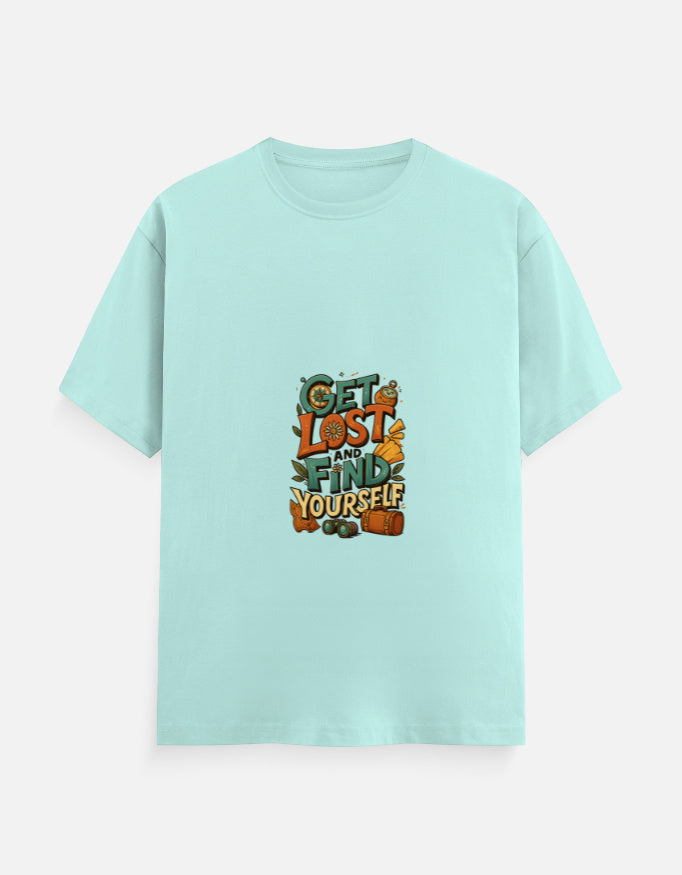 Light blue Unisex Classic Crew T-Shirt with 'Get Lost and Find Yourself' print, offering a fresh look with soft cotton fabric and regular fit.