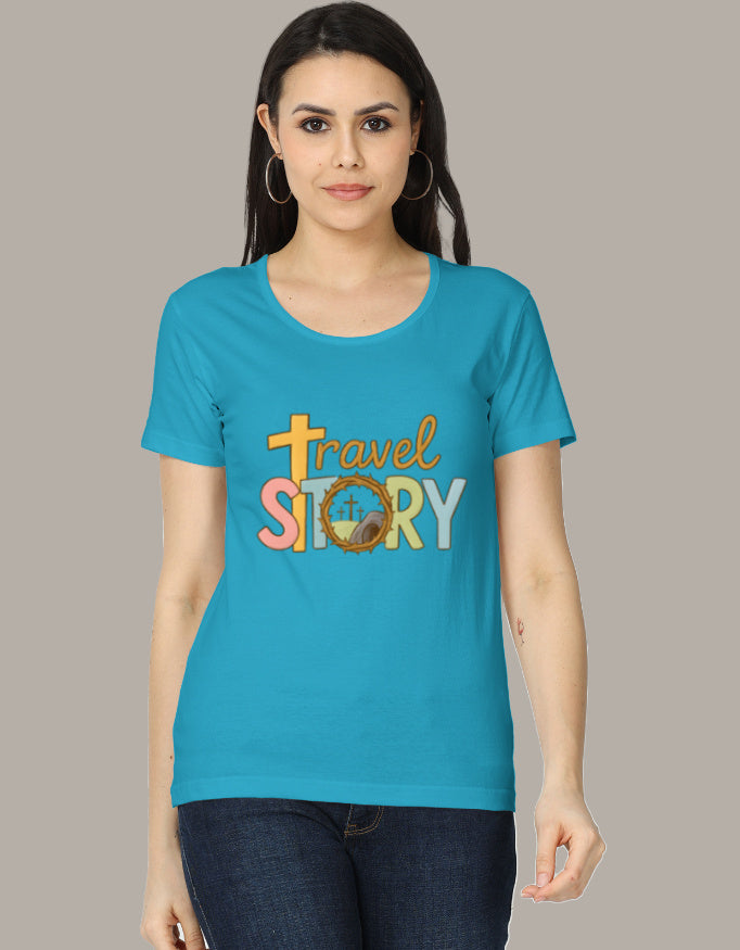 Women's Cotton T-Shirt - Comfort & Style | Everyday Essential in turquoise with 'Travel Story' graphic, ideal for wanderlust and adventure fashion lovers.