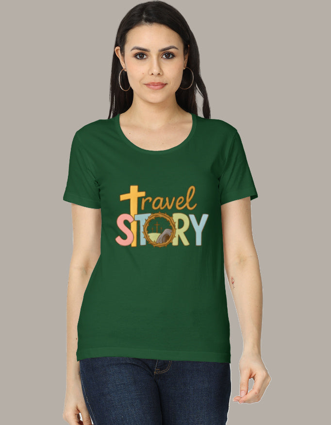 Women's Cotton T-Shirt - Comfort & Style | Everyday Essential in forest green with 'Travel Story' adventure graphic, ideal for wanderlust apparel lovers.