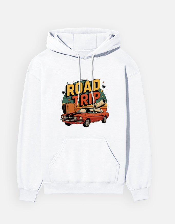Road Trip Hoodie – Retro Vintage Car Sweatshirt with Classic Mustang Design | Adventure Travel Hoodie for Car Lovers & Wanderlusters - GlobeTees