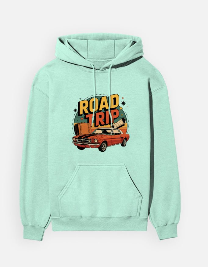 Road Trip Hoodie – Retro Vintage Car Sweatshirt with Classic Mustang Design | Adventure Travel Hoodie for Car Lovers & Wanderlusters - GlobeTees