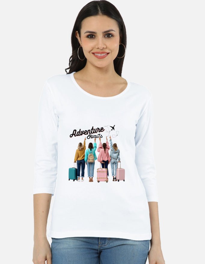 White 3/4 sleeve Women's for travel together t-shirt with four women and luggage print, ideal for coordinated travel outfits.