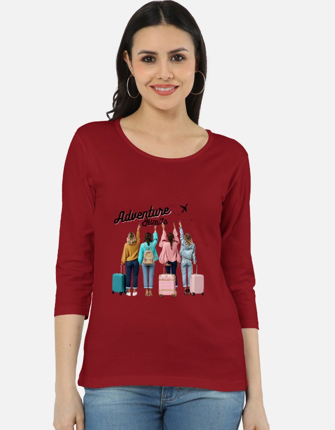 Women's for travel together maroon 3/4 sleeve t-shirt with travel buddies graphic and 'Adventure Awaits' text, casual and comfy.