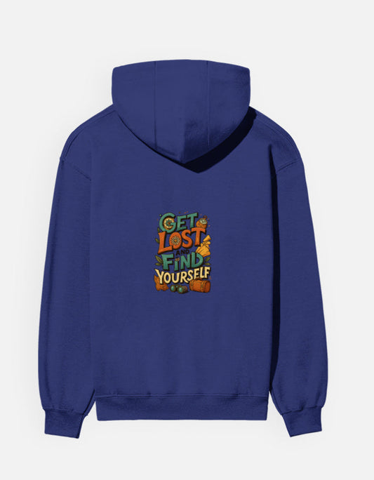 Royal blue unisex cotton hoodie featuring 'Get Lost and Find Yourself' design, ideal for casual wear in cooler weather.