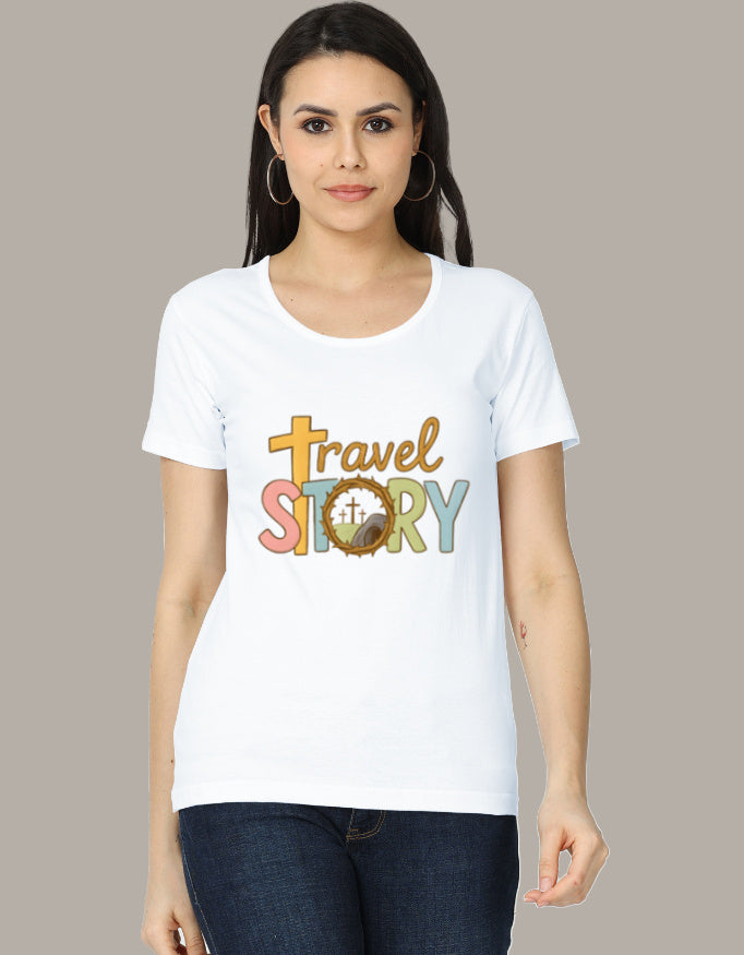 Women's Classic T-Shirt with 'Travel Story' graphic in pastel colors and cross design, ideal for adventure fashion and wanderlust apparel.