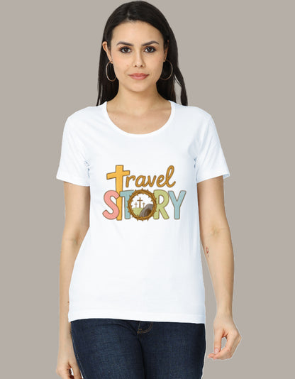 Women's Classic T-Shirt with 'Travel Story' graphic in pastel colors and cross design, ideal for adventure fashion and wanderlust apparel.