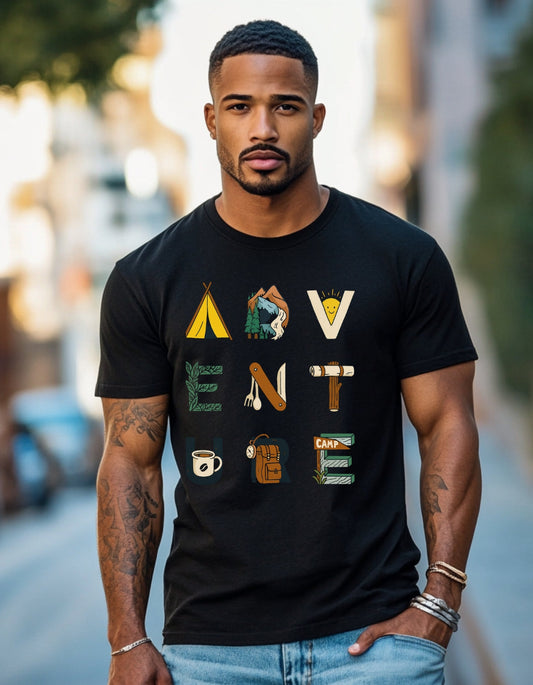 Unisex Terry Oversized Tee - Premium Fit | Cotton Polyester Tee in black with colorful 'ADVENTURE' graphic, worn by male model outdoors.