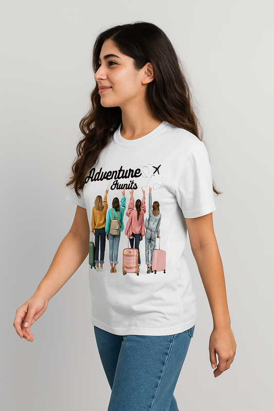 Women's for travel together t-shirt in white featuring four women with luggage and 'Adventure Awaits' text, ideal for travel lovers.