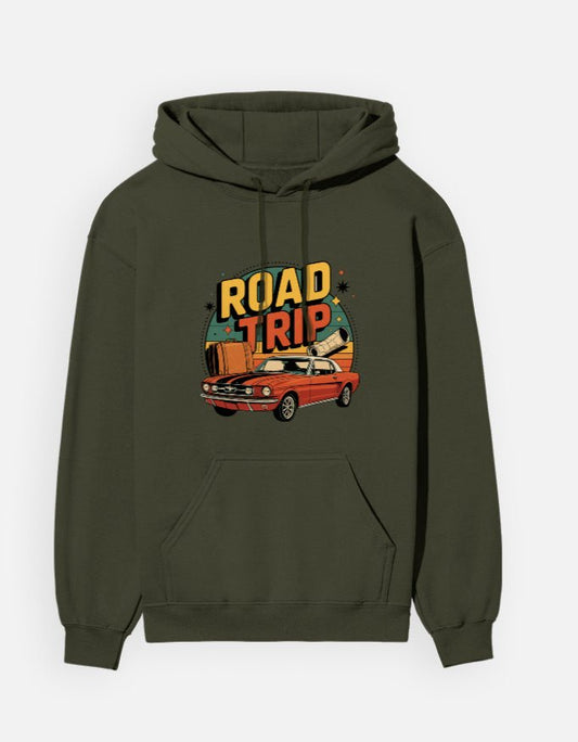 Olive green Road Trip Hoodie with a bold retro Mustang graphic, ideal for vintage car fans and road trip adventure apparel seekers.