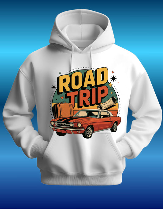 White Road Trip Hoodie featuring a retro vintage car and classic Mustang design, perfect for nostalgic travel lovers and car enthusiasts.