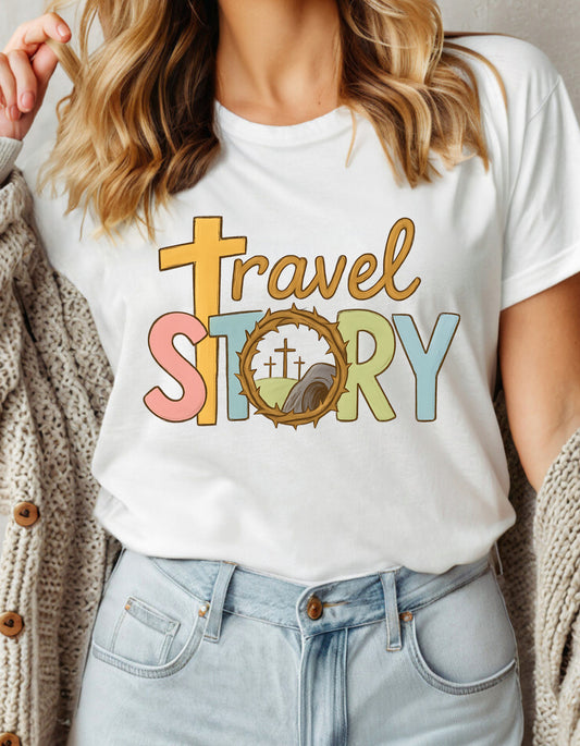 Women's Classic T-Shirt with 'Travel Story' text and Christian cross and tomb graphic, ideal for faith-based adventure fashion and travel lovers.