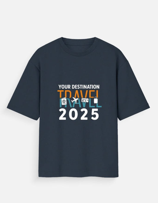Unisex Oversized Standard T-Shirt "Travel 2025 Black Graphic Tee – Wanderlust Shirt with Passport, Airplane & Luggage – Perfect Vacation & Airport Outfit" - GlobeTees