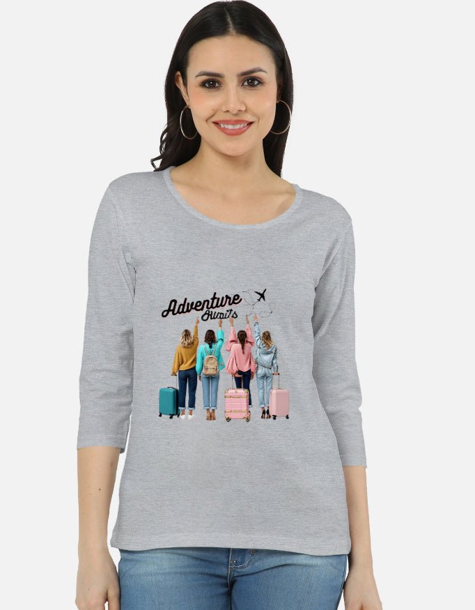 Heather grey Women's for travel together t-shirt with colorful suitcase design and 'Adventure Awaits' print, perfect for group trips.