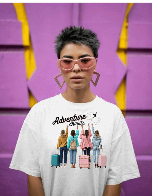 Trendy oversized white Women's for travel together t-shirt with colorful travel-themed print, perfect for stylish adventurers.